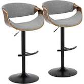 Curvo Adjustable Swivel Bar Stool in Black Metal, Walnut Wood & Light Grey Fabric (Set of 2)